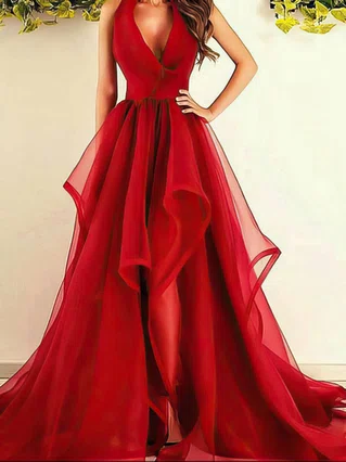 Princess V-neck Organza Sweep Train Ruffles Prom Dresses #Favs020104480