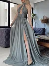 A-line High Neck Chiffon Sweep Train Split Front Prom Dresses #Favs020107432