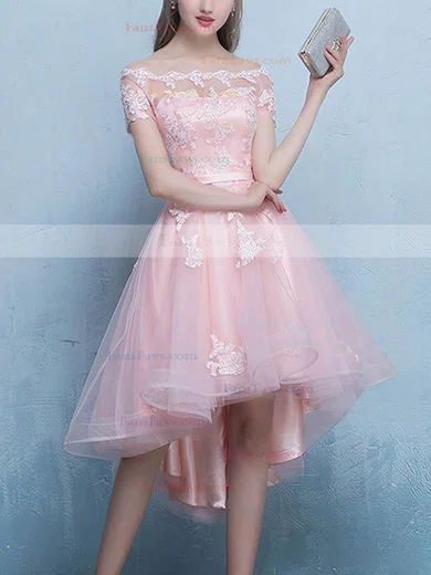 A-line Off-the-shoulder Tulle Asymmetrical Appliques Lace Prom Dresses #Favs020107434