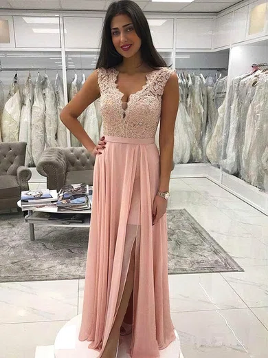 A-line V-neck Chiffon Floor-length Appliques Lace Prom Dresses #Favs020107438