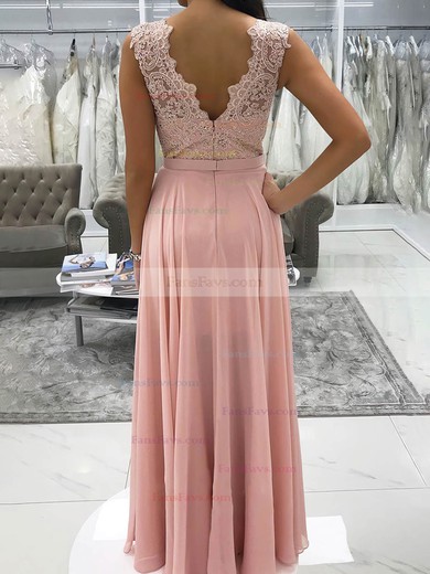 A-line V-neck Chiffon Floor-length Appliques Lace Prom Dresses #Favs020107438