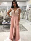 A-line V-neck Chiffon Floor-length Appliques Lace Prom Dresses #Favs020107438