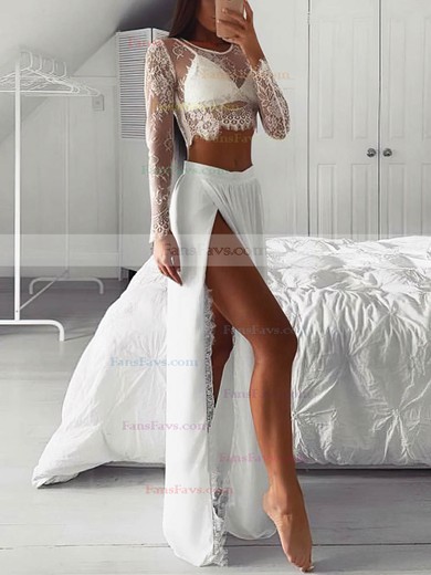 A-line Scoop Neck Lace Satin Floor-length Split Front Prom Dresses #Favs020107441