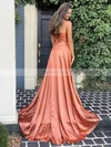 A-line Cowl Neck Silk-like Satin Sweep Train Split Front Prom Dresses #Favs020107442