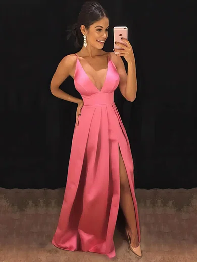 A-line V-neck Silk-like Satin Sweep Train Split Front Prom Dresses #Favs020107446