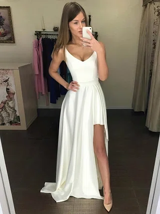 A-line V-neck Silk-like Satin Sweep Train Split Front Prom Dresses #Favs020107450 A-line V-neck Silk-like Satin Sweep Train Split Front Prom Dresses #Favs020107450