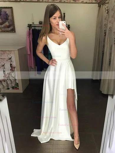 A-line V-neck Silk-like Satin Sweep Train Split Front Prom Dresses #Favs020107450