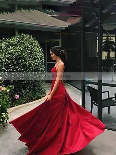 A-line Square Neckline Satin Sweep Train Split Front Prom Dresses #Favs020107455