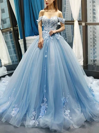 Ball Gown Off-the-shoulder Tulle Sweep Train Flower(s) Prom Dresses #Favs020107457