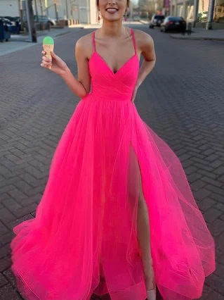 A-line V-neck Tulle Sweep Train Split Front Prom Dresses #Favs020107458 A-line V-neck Tulle Sweep Train Split Front Prom Dresses #Favs020107458