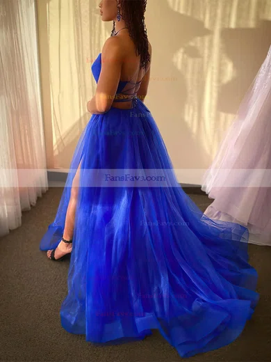 A-line V-neck Tulle Sweep Train Split Front Prom Dresses #Favs020107458
