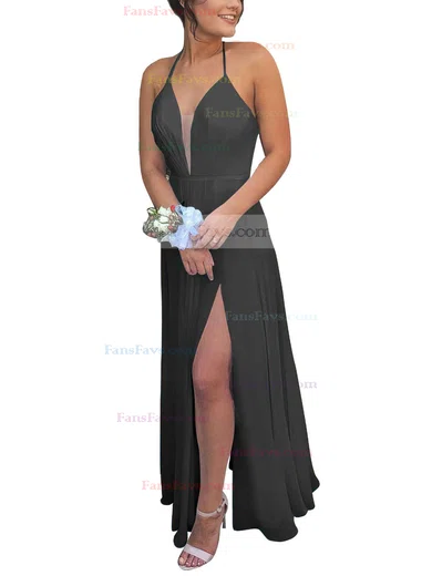 A-line V-neck Chiffon Floor-length Split Front Prom Dresses #Favs020104497