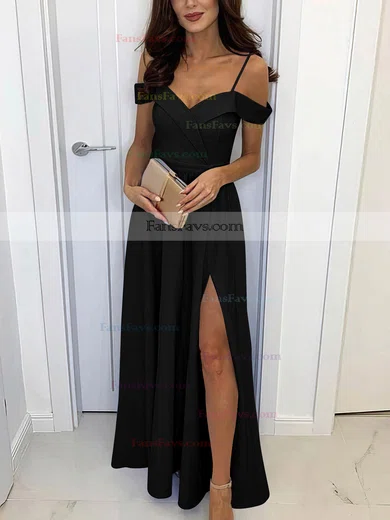 A-line Off-the-shoulder Silk-like Satin Sweep Train Split Front Prom Dresses #Favs020107461