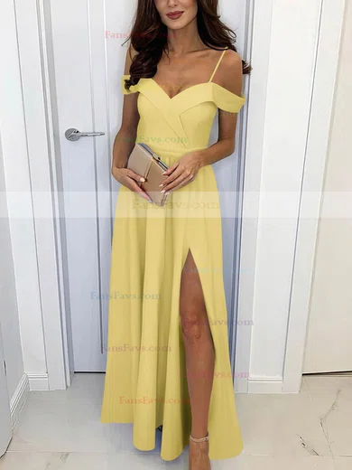 A-line Off-the-shoulder Silk-like Satin Sweep Train Split Front Prom Dresses #Favs020107461