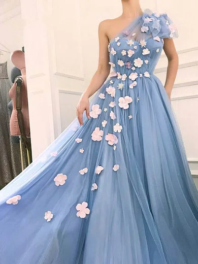 A-line One Shoulder Tulle Sweep Train Flower(s) Prom Dresses #Favs020107463