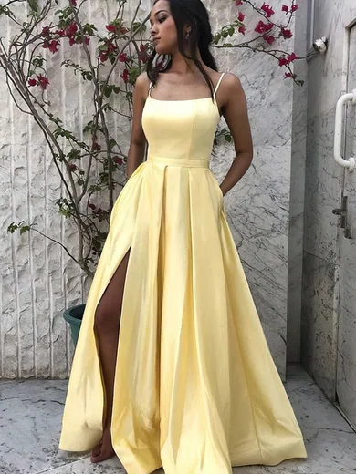 A-line Square Neckline Satin Sweep Train Pockets Prom Dresses #Favs020107469