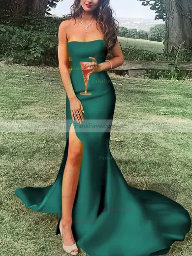 Sheath/Column Strapless Satin Sweep Train Split Front Prom Dresses #Favs020107470
