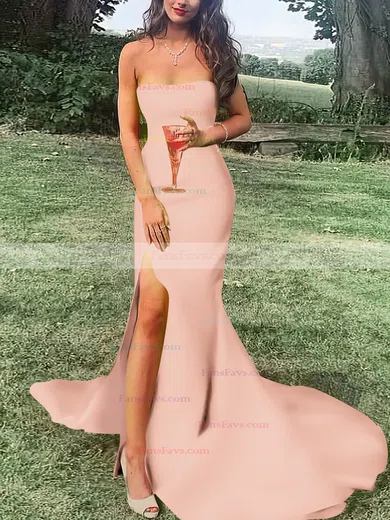 Sheath/Column Strapless Satin Sweep Train Split Front Prom Dresses #Favs020107470