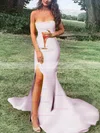 Sheath/Column Strapless Satin Sweep Train Split Front Prom Dresses #Favs020107470