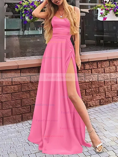 A-line V-neck Silk-like Satin Sweep Train Split Front Prom Dresses #Favs020107472