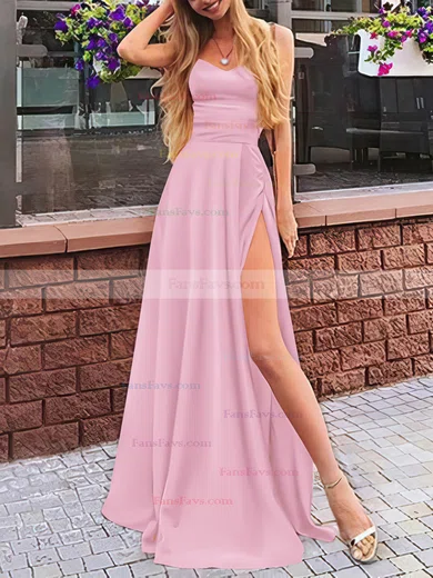 A-line V-neck Silk-like Satin Sweep Train Split Front Prom Dresses #Favs020107472