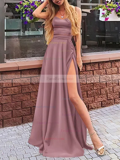 A-line V-neck Silk-like Satin Sweep Train Split Front Prom Dresses #Favs020107472