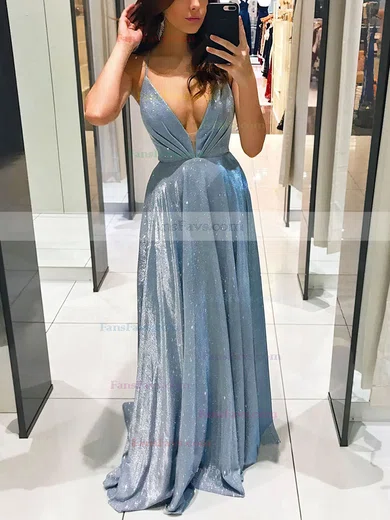 A-line V-neck Glitter Sweep Train Pockets Prom Dresses #Favs020107473