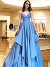 A-line V-neck Silk-like Satin Sweep Train Cascading Ruffles Prom Dresses #Favs020107477