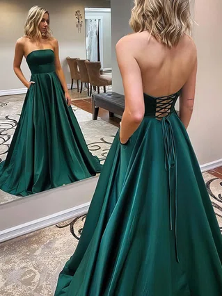 A-line Strapless Satin Sweep Train Pockets Prom Dresses #Favs020107479 A-line Strapless Satin Sweep Train Pockets Prom Dresses #Favs020107479