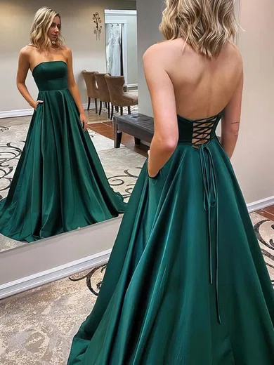 A-line Strapless Satin Sweep Train Pockets Prom Dresses #Favs020107479