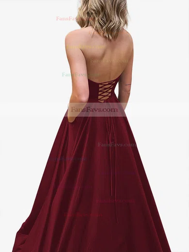 A-line Strapless Satin Sweep Train Pockets Prom Dresses #Favs020107479