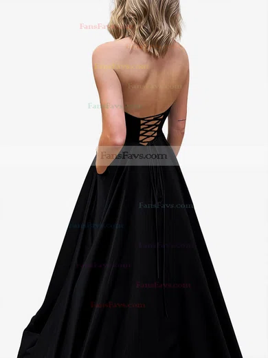 A-line Strapless Satin Sweep Train Pockets Prom Dresses #Favs020107479