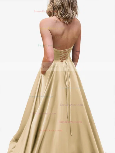 A-line Strapless Satin Sweep Train Pockets Prom Dresses #Favs020107479