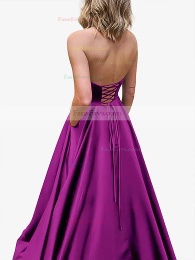 A-line Strapless Satin Sweep Train Pockets Prom Dresses #Favs020107479