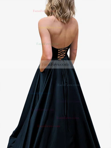 A-line Strapless Satin Sweep Train Pockets Prom Dresses #Favs020107479