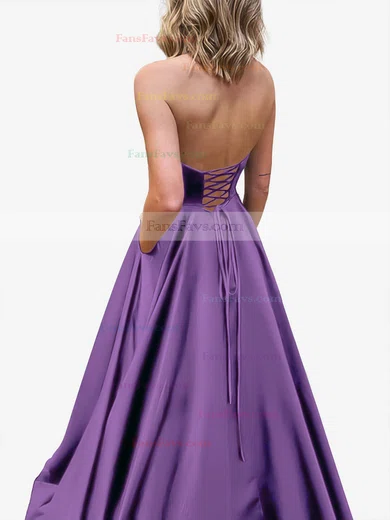 A-line Strapless Satin Sweep Train Pockets Prom Dresses #Favs020107479
