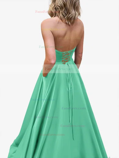 A-line Strapless Satin Sweep Train Pockets Prom Dresses #Favs020107479