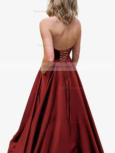 A-line Strapless Satin Sweep Train Pockets Prom Dresses #Favs020107479