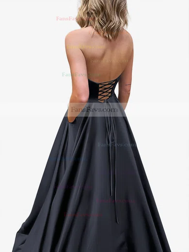 A-line Strapless Satin Sweep Train Pockets Prom Dresses #Favs020107479