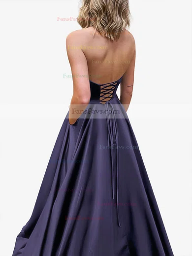 A-line Strapless Satin Sweep Train Pockets Prom Dresses #Favs020107479