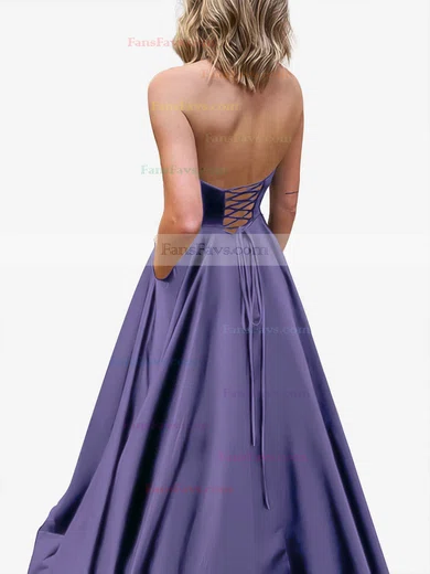 A-line Strapless Satin Sweep Train Pockets Prom Dresses #Favs020107479