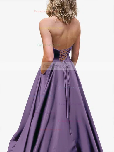 A-line Strapless Satin Sweep Train Pockets Prom Dresses #Favs020107479