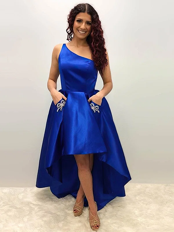 A-line One Shoulder Satin Asymmetrical Beading Prom Dresses #Favs020107480