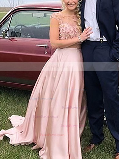 A-line Scoop Neck Silk-like Satin Sweep Train Flower(s) Prom Dresses #Favs020107482