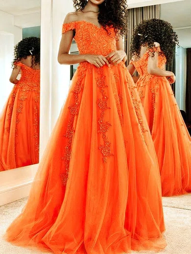 A-line Off-the-shoulder Tulle Sweep Train Beading Prom Dresses #Favs020107484
