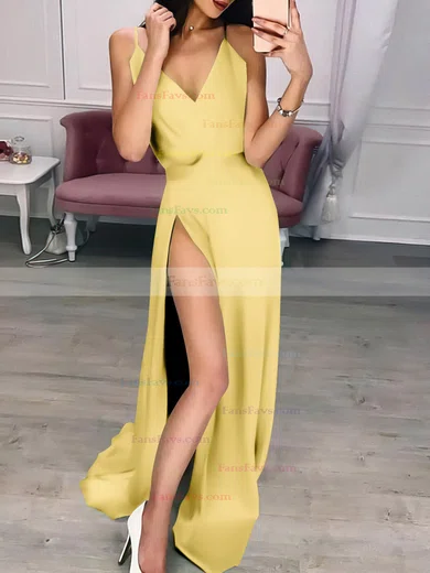 A-line V-neck Silk-like Satin Sweep Train Split Front Prom Dresses #Favs020107485