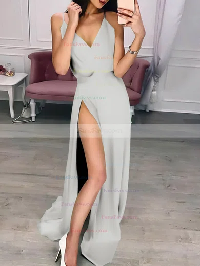 A-line V-neck Silk-like Satin Sweep Train Split Front Prom Dresses #Favs020107485