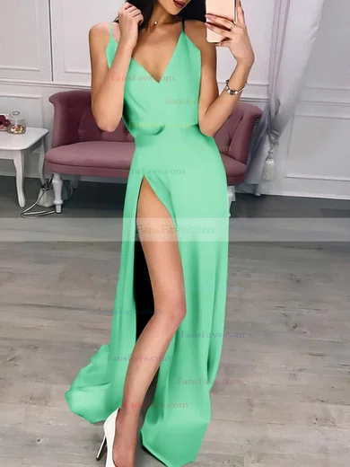 A-line V-neck Silk-like Satin Sweep Train Split Front Prom Dresses #Favs020107485