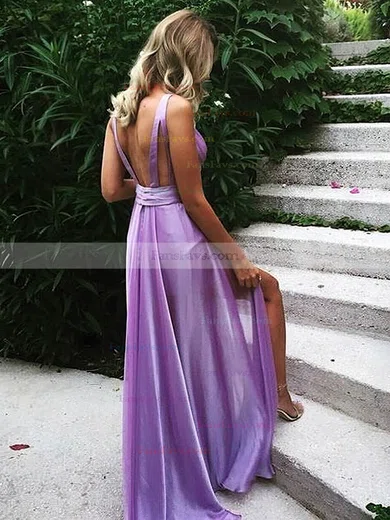 A-line V-neck Satin Chiffon Sweep Train Prom Dresses #Favs020107486