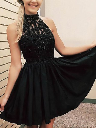 A-line High Neck Silk-like Satin Short/Mini Beading Prom Dresses #Favs020107487